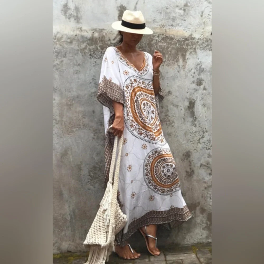 Bohemian Medallion Beach Kaftan Swimsuit Coverup Beach Dress - Picture 3 of 9